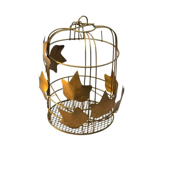 Gold Metal Birdcage With Decorative Leaf Accents For Home Decor Or Display - Picture 2 of 11